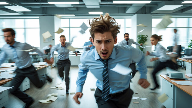 Chaotic office scene with employees in motion blur, running around, papers flying, coffee spilling, stressed faces, cinematic lighting, ultra-realistic.