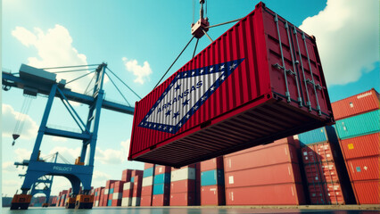 Logistics and trade concept: A freight container painted with the Arkansas flag being loaded at a shipping dock. Maritime transport, international commerce, and economic growth.