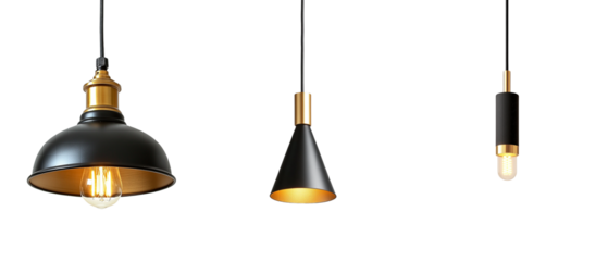 Black hanging lamp with gold edges, white background

