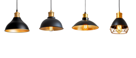 Black hanging lamp with gold edges, white background
