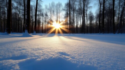 Naklejka premium Winter sunset in a snowy forest. Sunlight beams through the trees on a pristine snow-covered landscape