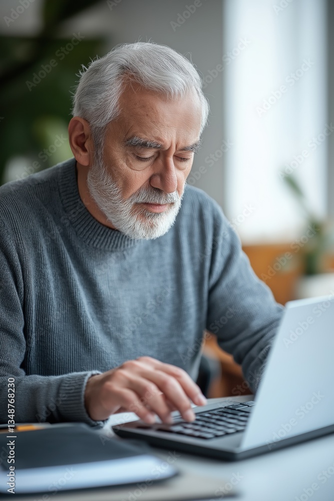 Poster an older man is sitting at a desk with a laptop in front of him. he is typing on the keyboard and he