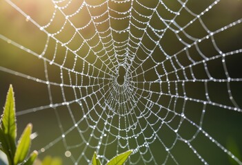 A glistening spiderweb is adorned with dew drops against a blurred green background