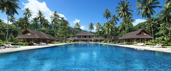Obraz premium Scenic panoramic view of a high end tropical resort with an infinity pool lush palm trees and modern eco friendly architecture offering luxury sustainable travel experiences