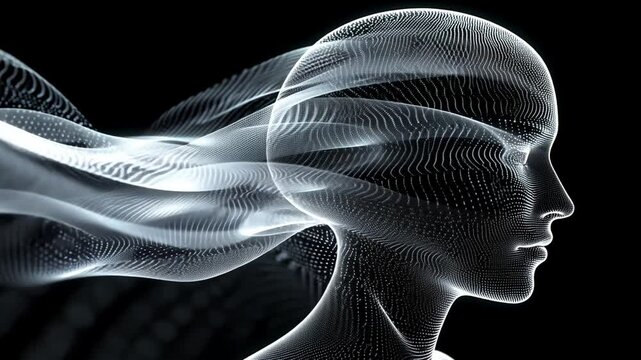 Abstract digital human head silhouette with flowing wave, artificial intelligence