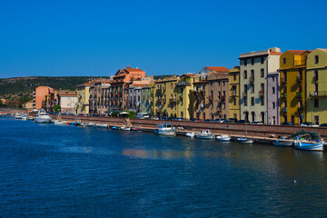 Colorful buildings on the river bank. Charming town of Bosa, Sardinia, Italy