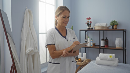 Obraz premium Woman writing notes in a clipboard in a serene spa room with warm lighting and natural decor, embodying professionalism and tranquility.