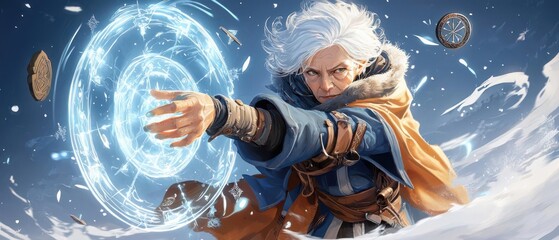 A mystical figure casts a powerful spell in a snowy landscape, surrounded by magical energy and ancient artifacts.