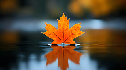 Single autumn leaf floating on calm water