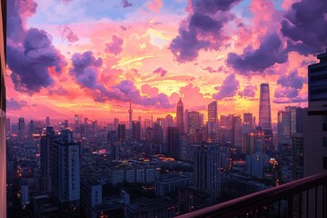 Obraz premium Pink And Purple City Sunset Skyline