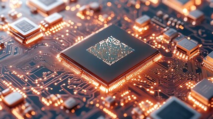 A close-up view of a modern microchip on a circuit board, showcasing intricate details and glowing connections that exemplify advanced technology.