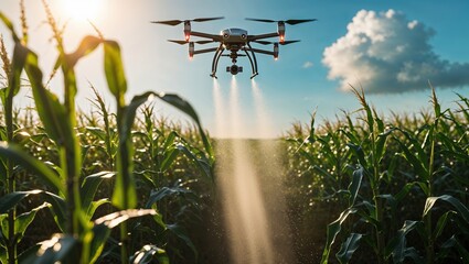 Drones apply pesticide over cornfield during golden hour in serene rural landscape