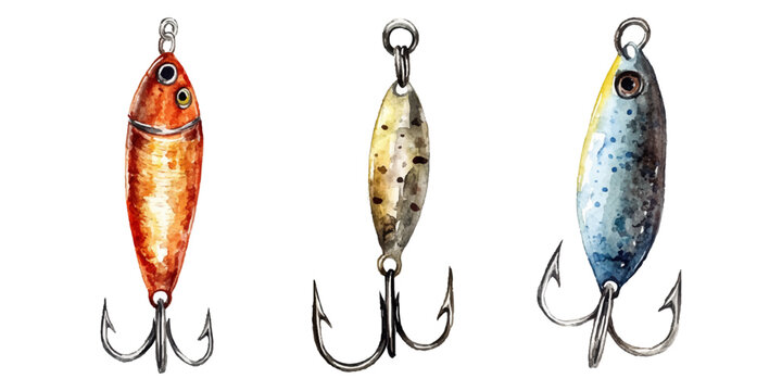 Watercolor fishing hook and lure clip art set on a white background
