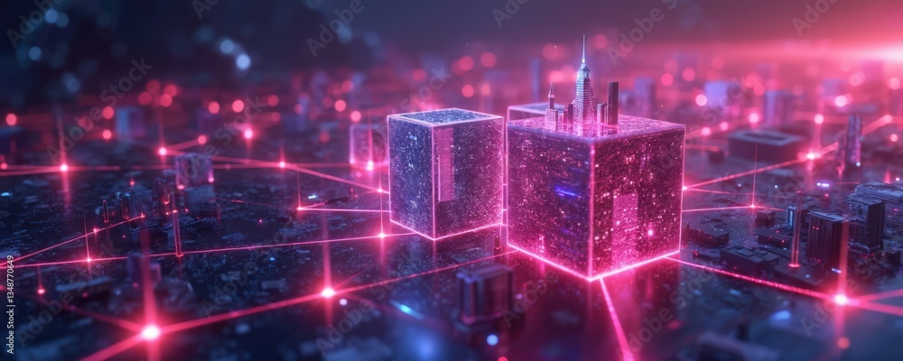 Poster metaverse tech abstract background showcasing glowing cubes with city elements connected by network 