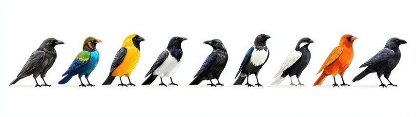 A diverse collection of birds showcasing a variety of colors, perfect for nature lovers and wildlife enthusiasts.