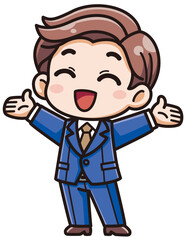 Fototapeta premium スーツを着た元気な男性がにっこり笑って両手を大きく広げているベクターイラスト／影ハイライト付き（A vector illustration of an energetic man in a suit, smiling brightly and spreading both arms wide, with shadow and highlights）