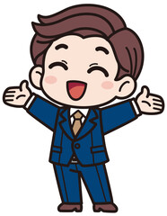 スーツを着た元気な男性がにっこり笑って両手を大きく広げているベクターイラスト／影なしシンプル（A simple vector illustration of an energetic man in a suit, smiling brightly and spreading both arms wide, without shadows）