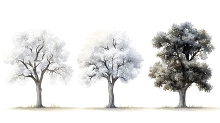 Three watercolor tree illustrations with variations in color and tone