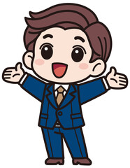 Fototapeta premium スーツを着た元気な男性が目を開けて両手を大きく広げているベクターイラスト／影なしシンプル（A simple vector illustration of an energetic man in a suit, with open eyes, spreading both arms wide, without shadows）
