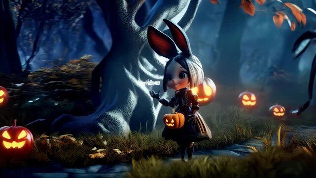 Halloween-themed girl character holding pumpkin glowing in forest  