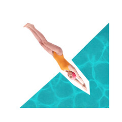 Woman in yellow swimsuit and pink cap diving into surreal geometric pool with textured water...