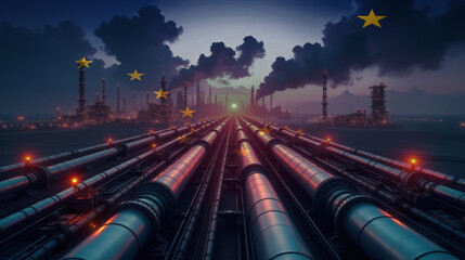 Oil pipelines leading to a refinery, overlaid with the Alaska flag. A concept of energy industry, fuel production, and economic power.