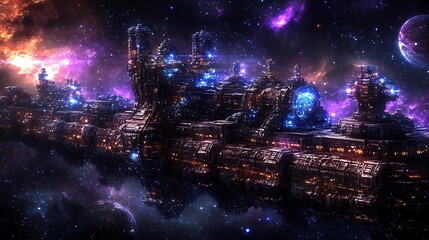 An enormous futuristic space station suspended in the galaxy and space