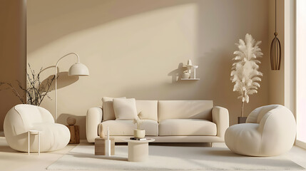 Living room wall mockup with leather armchair and decor on cream color wall background