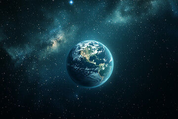 Obraz premium An image of Earth in space surrounded by stars and galaxy, capturing a cosmic and scientific feel. Perfect for space and astronomy visuals.