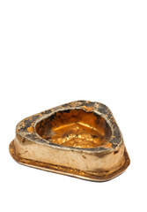 Used golden aluminum ashtray, cigarette ash disposal and container isolated on white background