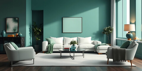 minimalist living room interior mockup, modern furniture and greenly decorative, white sofa and armchair, created by generative ai