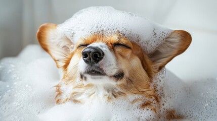 Funny portrait of a welsh corgi pembroke dog showering with shampoo. Dog taking a bubble bath in grooming salon