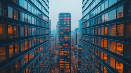 Obraz premium Urban city skyline, modern architecture, illuminated windows