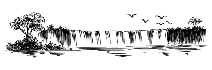 majestic waterfall landscape panoramic view vintage vector illustration in monochrome style © Kaz