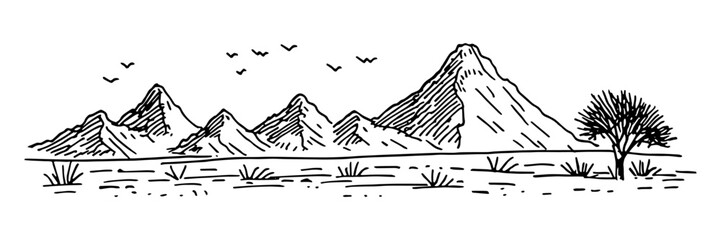 rocky mountains panoramic view of mountain range vintage vector illustration in monochrome style