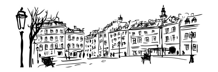 european old town cityscape with historical buildings vintage vector illustration in monochrome style