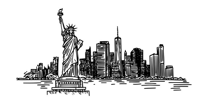 new york city skyline panoramic view vintage vector illustration in monochrome style