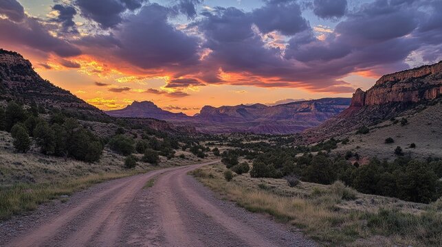 Dirt road through desert landscape at sunset.