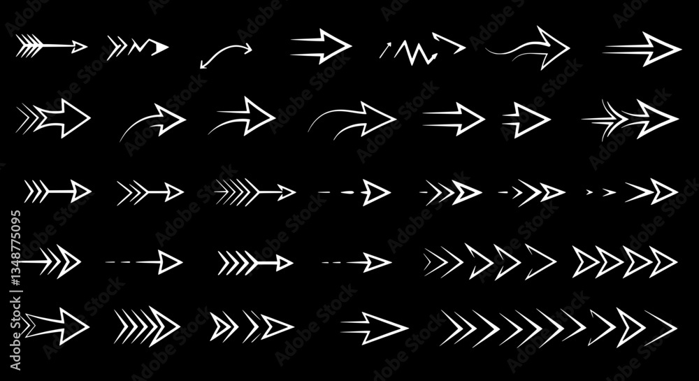 Poster directional dynamics: an array of dynamic arrow icons in sleek, minimalist style, each pointing the 