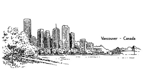 Obraz premium vancouver modern skyline with park and bridge view vector doodle sketch city panorama