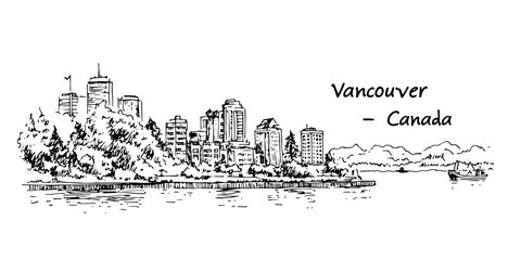 Fototapeta premium vancouver skyline with bay and mountains view vector doodle sketch city panorama