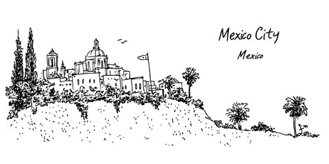 mexico city cathedral and buildings on hill vector doodle sketch city panorama © Kaz