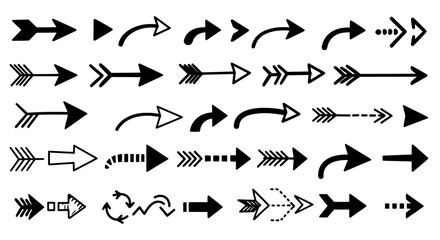 Arrows Variety: A collection of diverse arrows pointing in various directions. This graphic element can be used in design and concepts such as direction, navigation, progress, and decision-making.