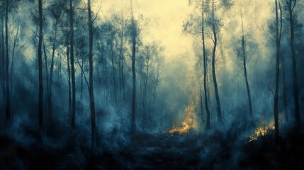 Naklejka premium Forest Fire Illuminated by Yellow Sunlight Through Trees