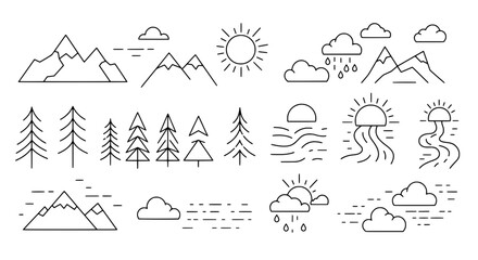 Landscape Line Art Elements: Minimalist vector illustrations capturing a diverse set of natural elements, perfect for design projects.