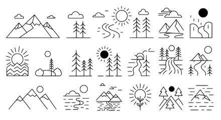 Nature's Sketches: A collection of minimalist line art illustrations capturing a variety of natural landscapes, including mountains, forests, sun, and water.