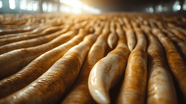 Close-up of many tan, wavy tubes in a factory.