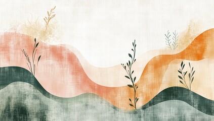 Abstract landscape art print featuring calming earth tones and minimalist botanical illustrations. Perfect for adding a touch of serenity to your space.