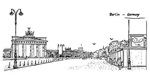 berlin brandenburg gate and unter den linden street vintage retro city panorama landscape vector illustration engraved hand drawn sketch woodcut style © Kaz