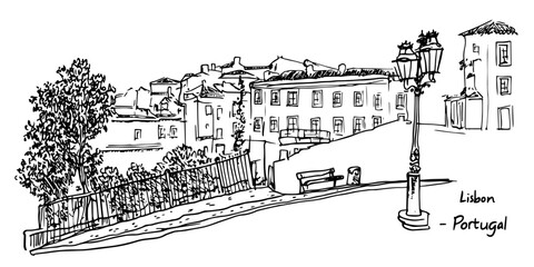 lisbon street with old buildings and lantern vintage retro city panorama landscape vector illustration engraved hand drawn sketch woodcut style